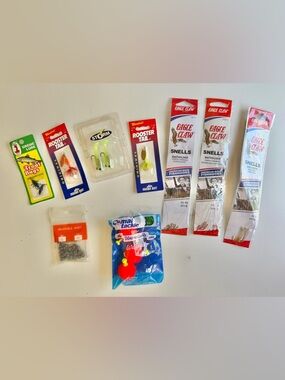 Assortment Fishing Hooks Lures Sinkers Bobbers Rooster Tail Eagle Claw Trout Bug
